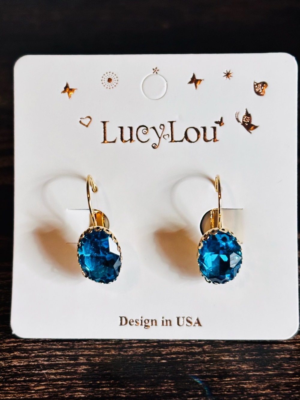 Gold Tone Blue Crystal Dangle‎ Earrings